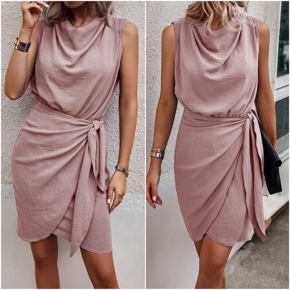Luxe Sleeveless Drape Neck Mini Dress - Picture 2 of 8